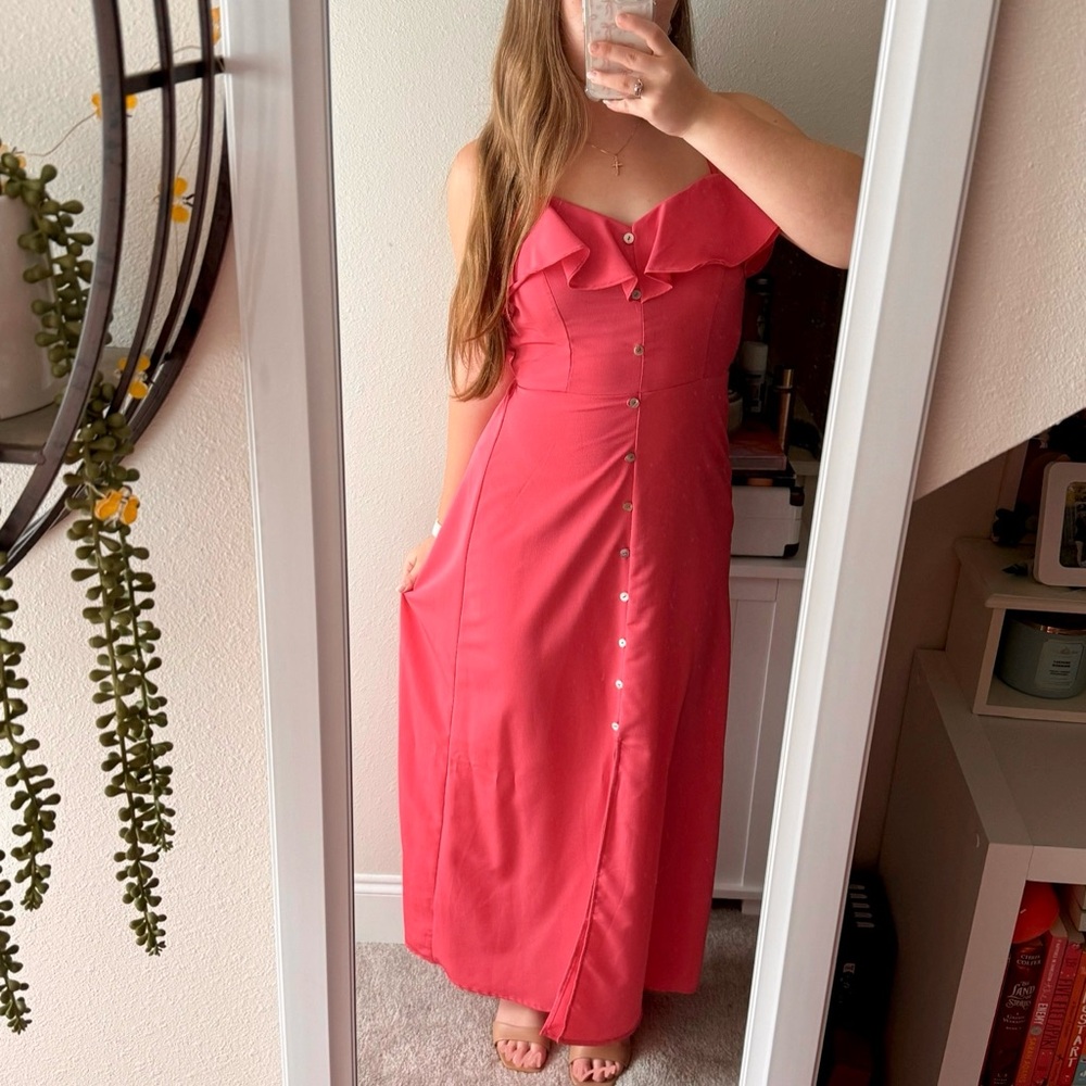 Elegant Pink Button-Down Off Shoulder Dress